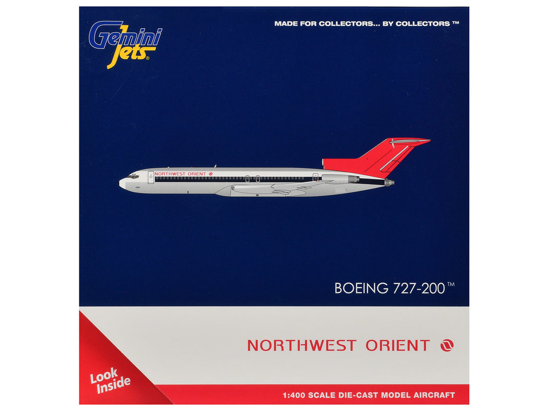 Boeing 727-200 Commercial Aircraft "Northwest Orient" (N298US) Silver with White Stripes and Red Tail 1/400 Diecast Model by GeminiJets
