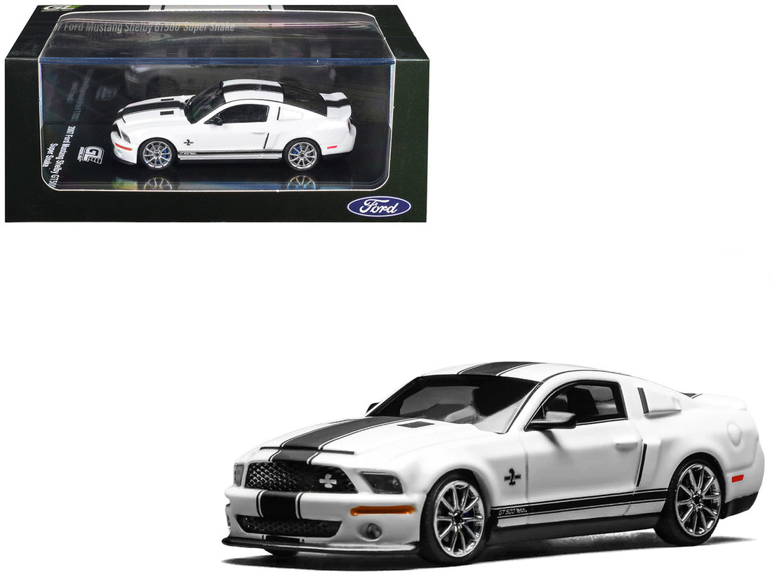 2007 Ford Mustang Shelby GT500 Super Snake Performance White with Matt Black Stripes 1/64 Diecast Model Car by MotorHelix & Greenlight
