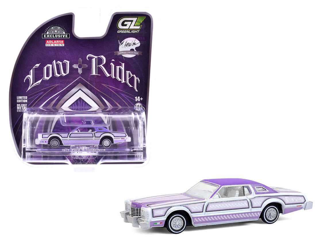1973 Ford Thunderbird Lowrider "Michael Heralda Special Edition" Purple Metallic with Graphics and White Interior "Hobby Exclusive" Series 1/64 Diecast Model Car by Greenlight