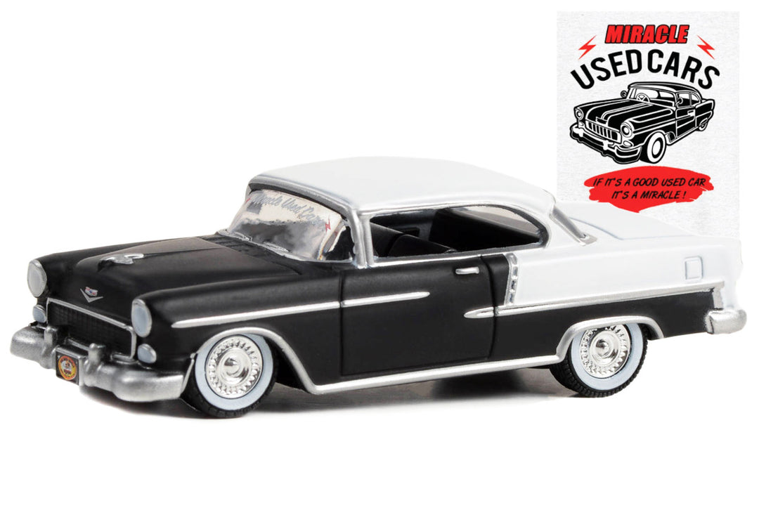 1955 Chevrolet Bel Air Lowrider Matt Black and White "Miracle Used Cars" "Busted Knuckle Garage" Series 2 1/64 Diecast Model Car by Greenlight-1