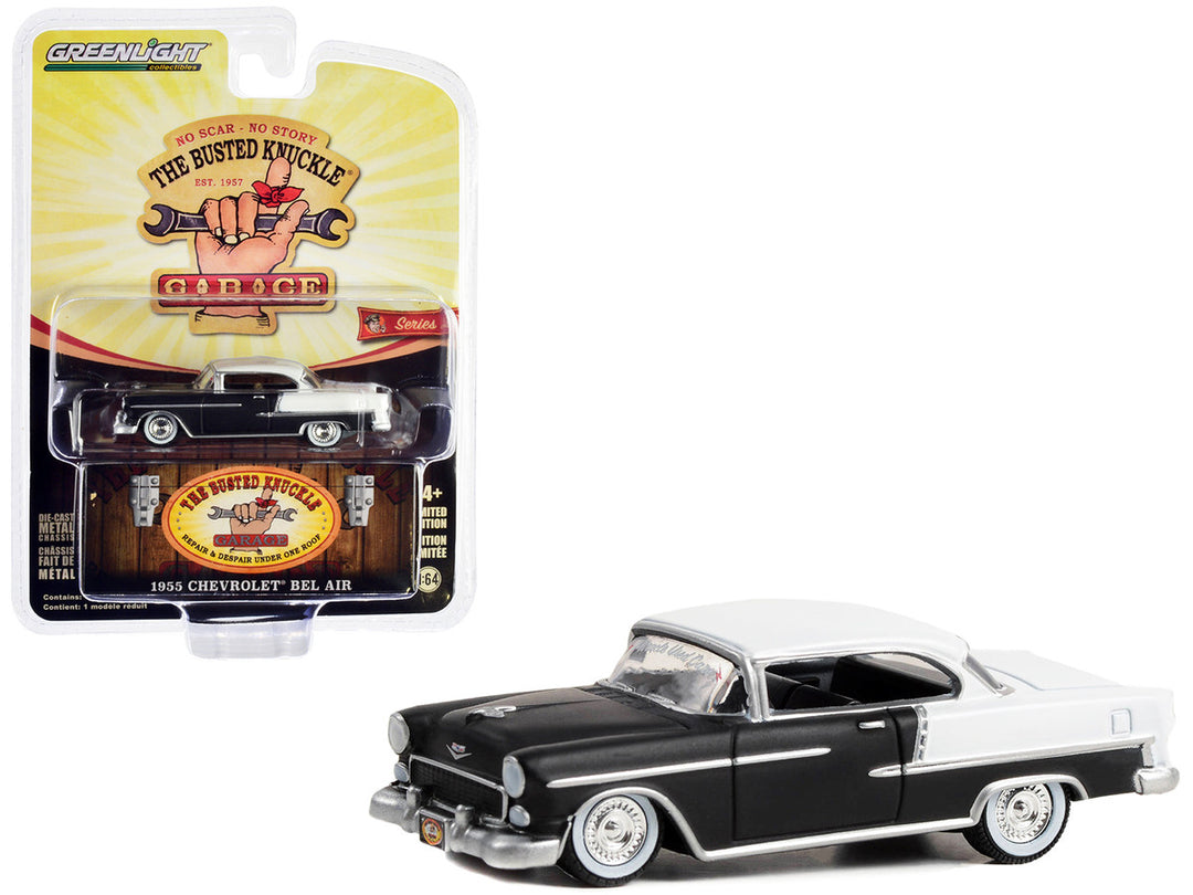 1955 Chevrolet Bel Air Lowrider Matt Black and White "Miracle Used Cars" "Busted Knuckle Garage" Series 2 1/64 Diecast Model Car by Greenlight-0