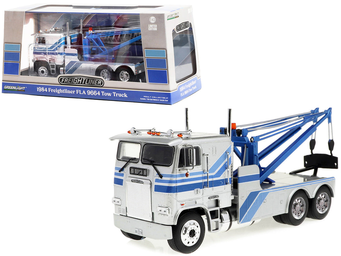 1984 Freightliner FLA 9664 Tow Truck Silver with Blue Stripes 1/43 Diecast Model Car by Greenlight-0