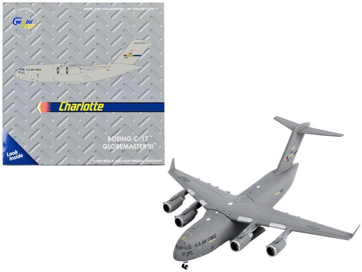 Boeing C-17 Globemaster III Transport Aircraft "Charlotte Air National Guard - United States Air Force" Gray "Gemini Macs" Series 1/400 Diecast Model Airplane by GeminiJets-0