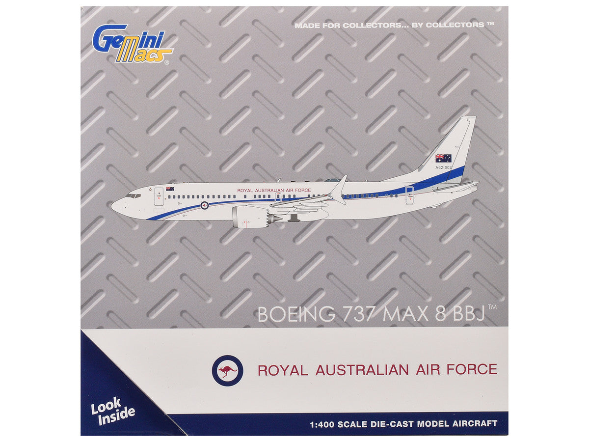 Boeing 737 MAX 8 BBJ Transport Aircraft "Royal Australian Air Force (RAAF)" (A62-002) White with Blue Stripes "Gemini Macs" Series 1/400 Diecast Model Airplane by GeminiJets-1