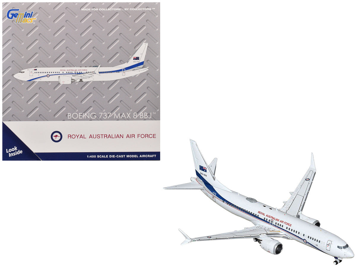 Boeing 737 MAX 8 BBJ Transport Aircraft "Royal Australian Air Force (RAAF)" (A62-002) White with Blue Stripes "Gemini Macs" Series 1/400 Diecast Model Airplane by GeminiJets-2