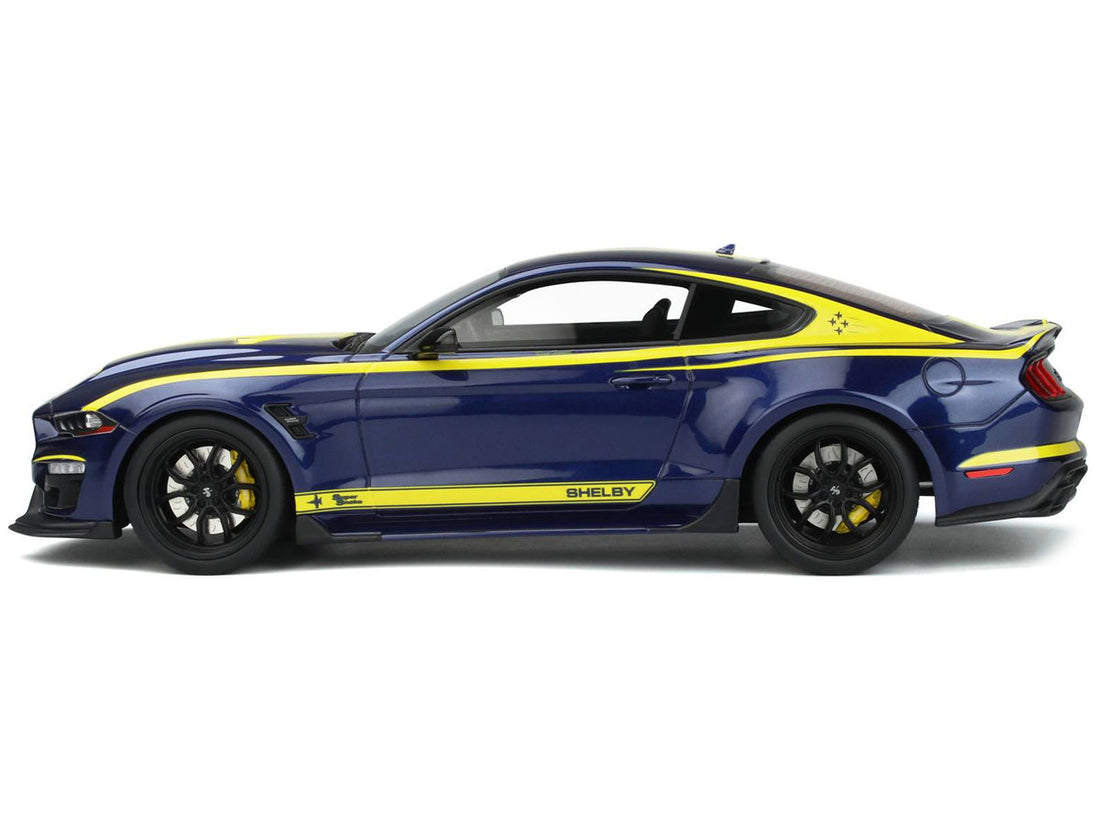 2021 Shelby Mustang Super Snake Coupe Blue Metallic with Yellow Stripes 1/18 Model Car by GT Spirit-3