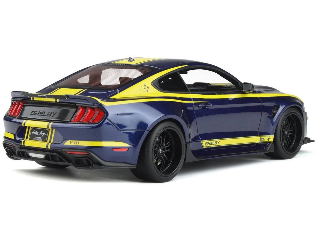 2021 Shelby Mustang Super Snake Coupe Blue Metallic with Yellow Stripes 1/18 Model Car by GT Spirit-4