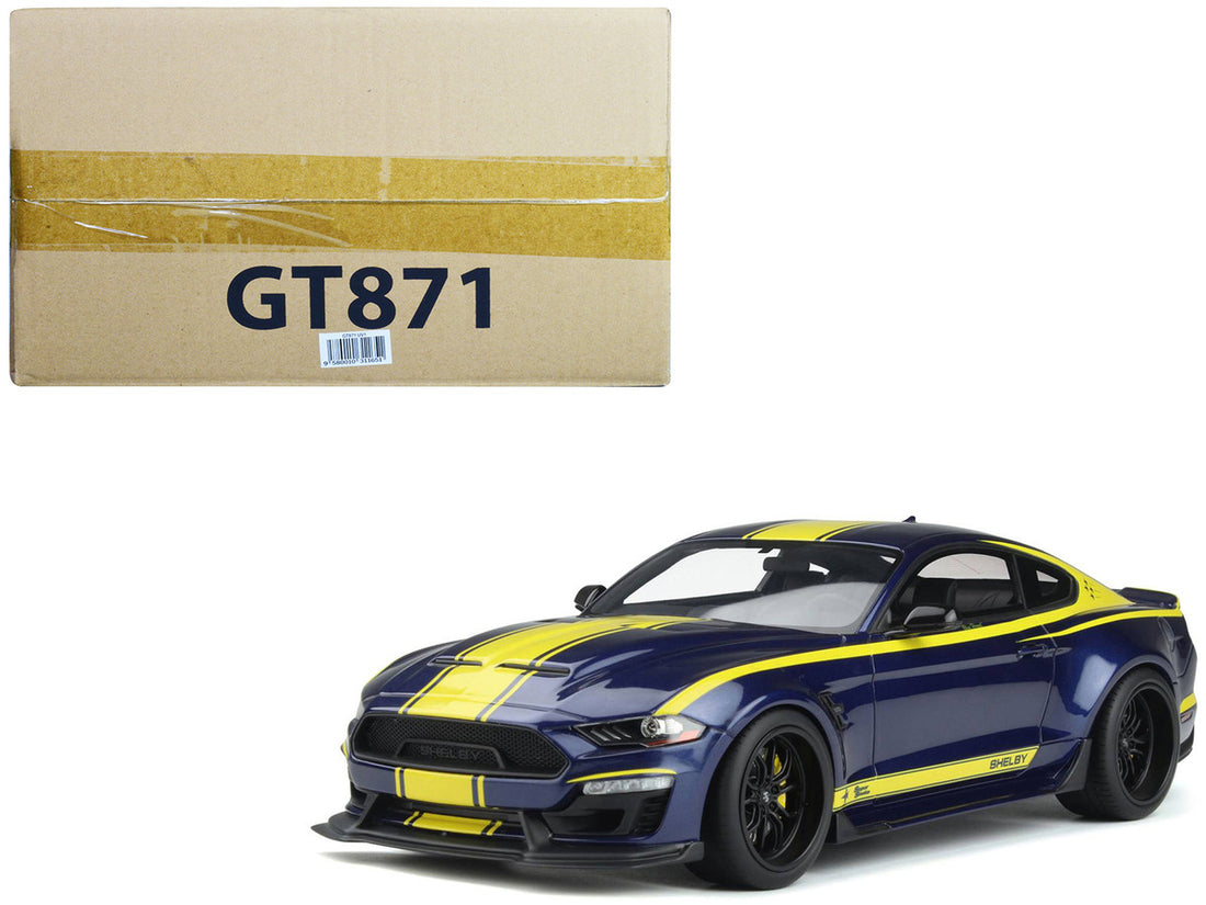 2021 Shelby Mustang Super Snake Coupe Blue Metallic with Yellow Stripes 1/18 Model Car by GT Spirit-0