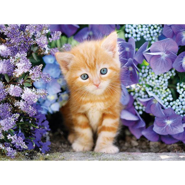 Clementoni Ginger Cat in Flowers 500 Piece Jigsaw Puzzle featuring an orange kitten surrounded by purple and blue flowers - image