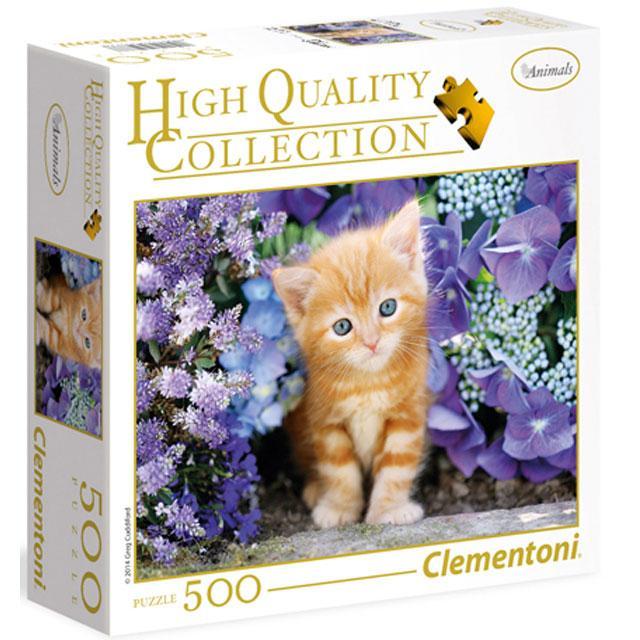 Clementoni Ginger Cat in Flowers 500 Piece Jigsaw Puzzle featuring an orange kitten surrounded by purple and blue flowers