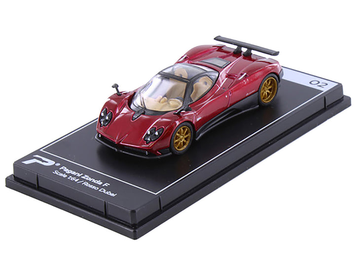 Pagani Zonda F Rosso Dubai Red Metallic Hypercar League Collection 1:64 diecast model by PosterCars on display base