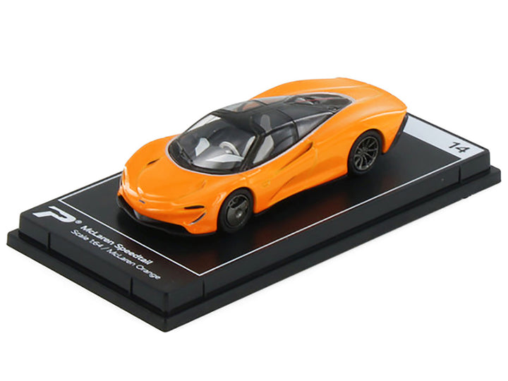 McLaren Speedtail McLaren Orange with Black Top 1:64 diecast model on display base