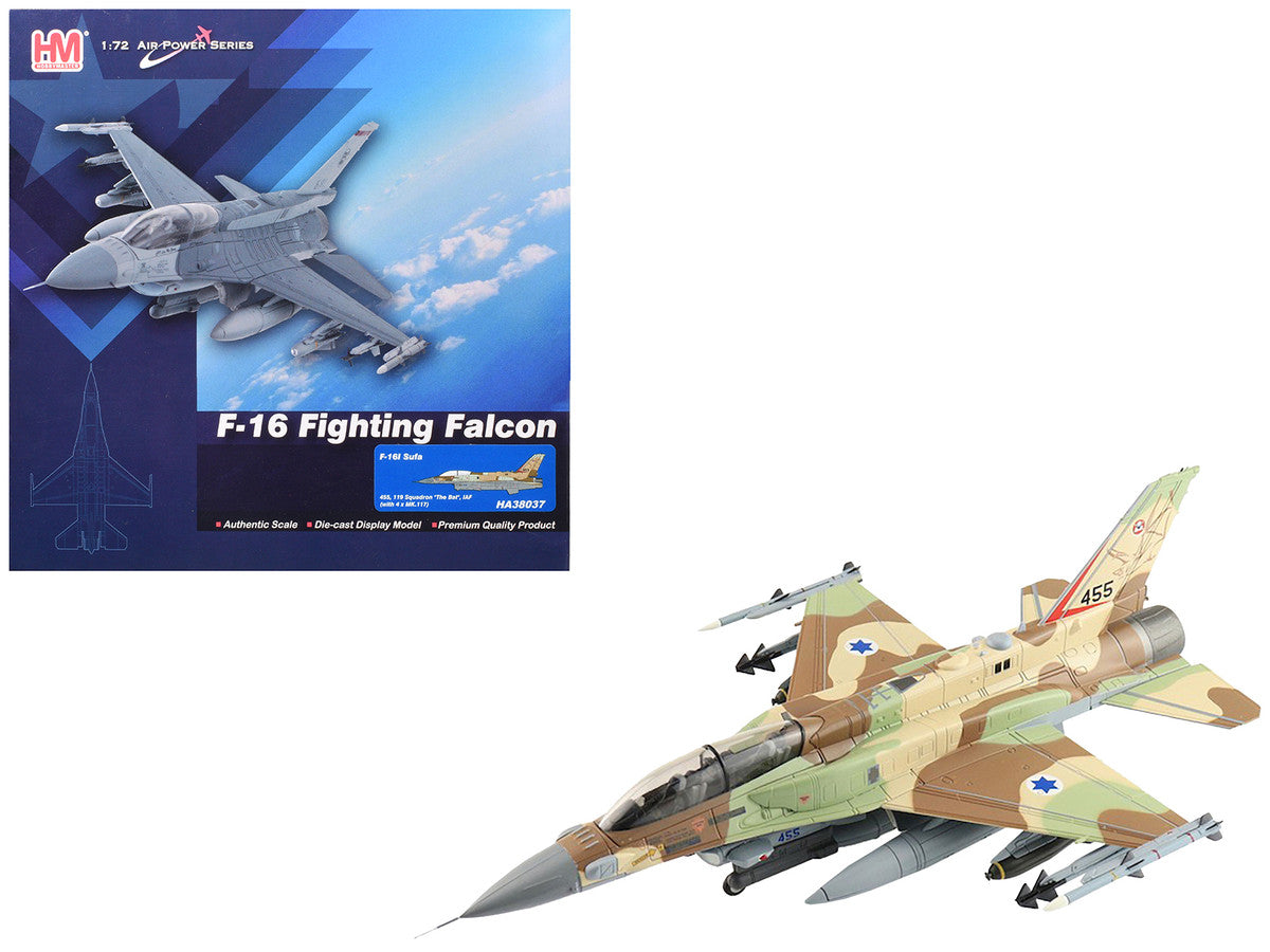 Lockheed F-16I Fighting Falcon Fighter Aircraft "455 Sufa 119 Squadron The Bat" Israeli Air Force "Air Power Series" 1/72 Diecast Model by Hobby Master-4