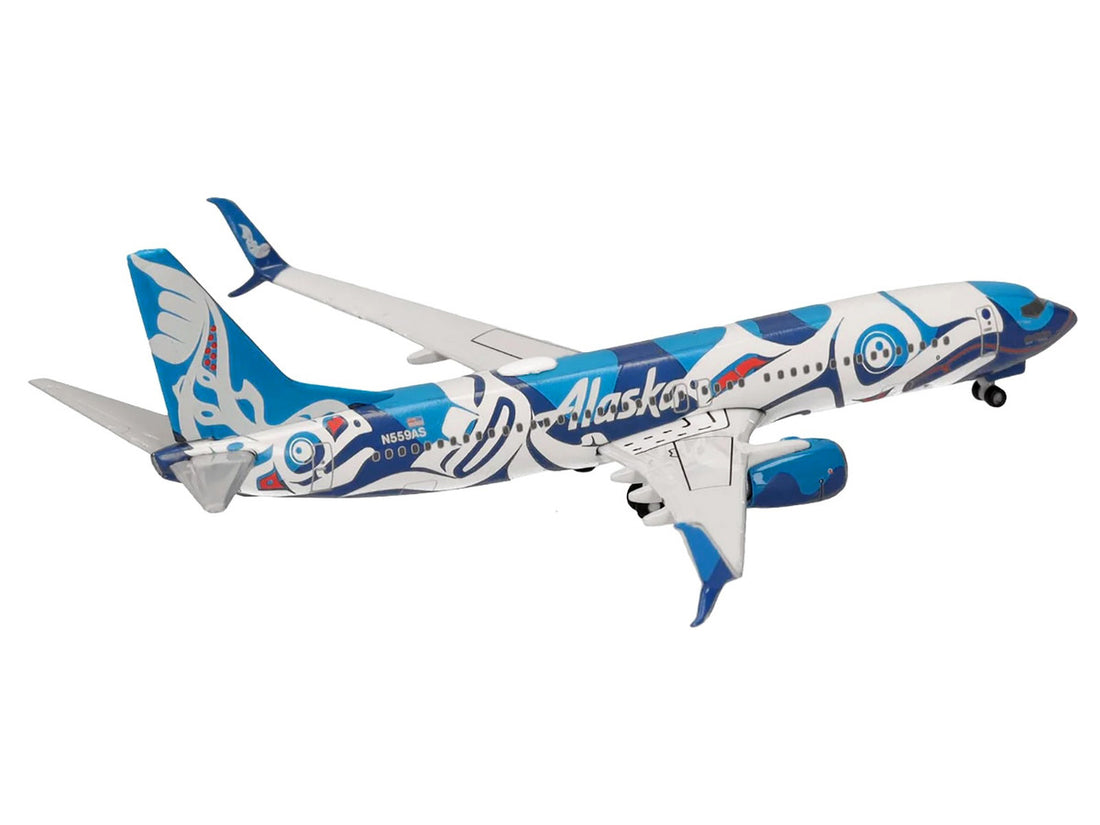 Boeing 737-800 Commercial Aircraft "Alaska Airlines - Salmon People Livery" (N559AS) Blue and White 1/500 Diecast Model Airplane by Herpa-2