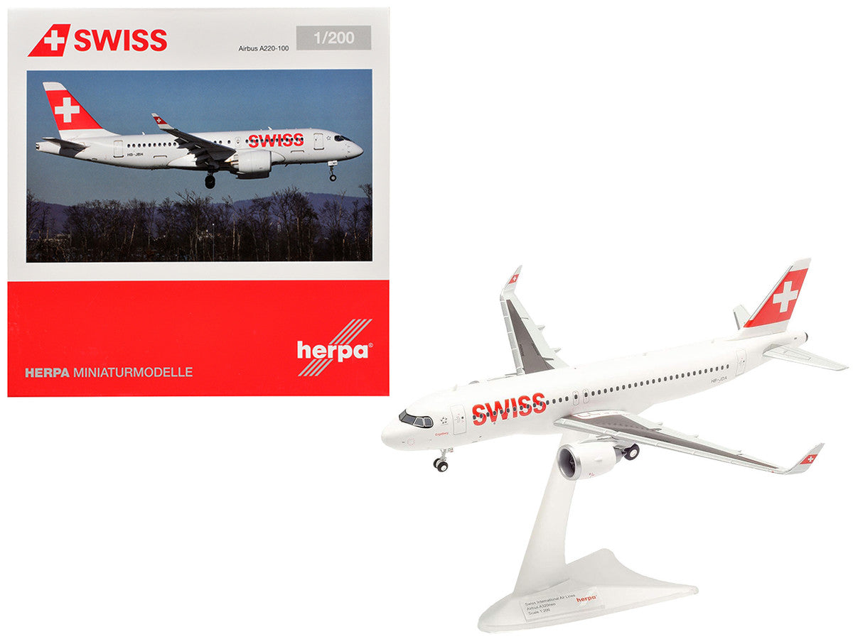Airbus A220-100 Commercial Aircraft "Swiss International Air Lines" (HB-JBH) White with Red Tail 1/200 Diecast Model Airplane by Herpa-0