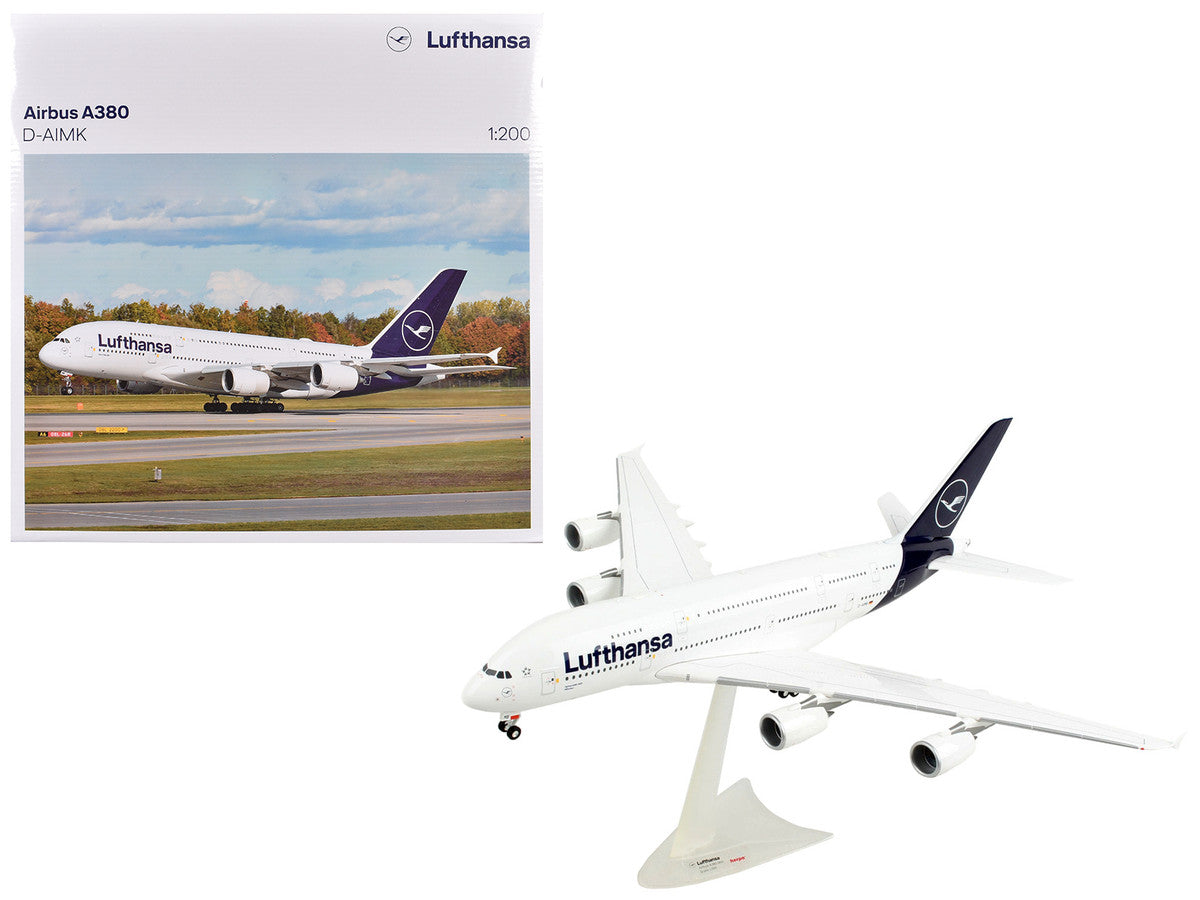 Airbus A380 Commercial Aircraft "Lufthansa" (D-AIMK) White with Dark Blue Tail 1/200 Plastic Model Airplane by Herpa-2