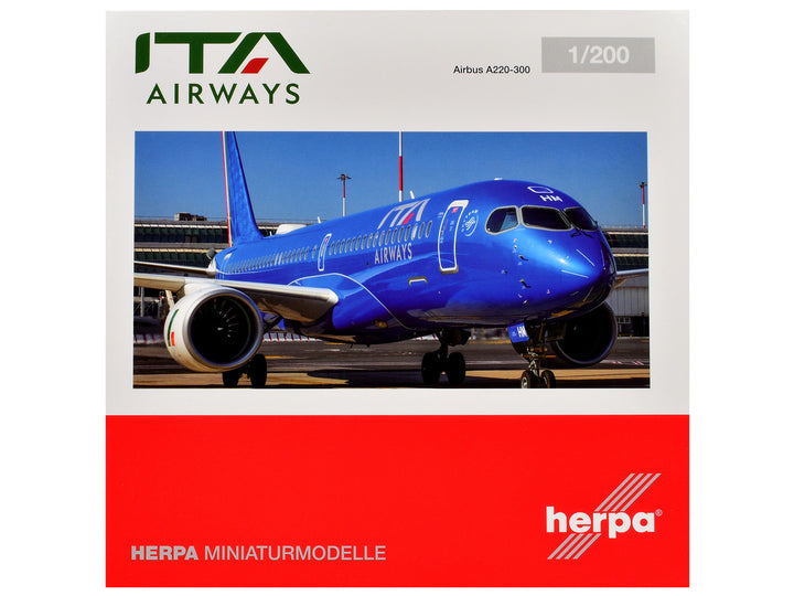 Airbus A220-300 Commercial Aircraft "ITA Airways" (EI-HHM) Blue with Tail Stripes 1/200 Diecast Model Airplane by Herpa-0