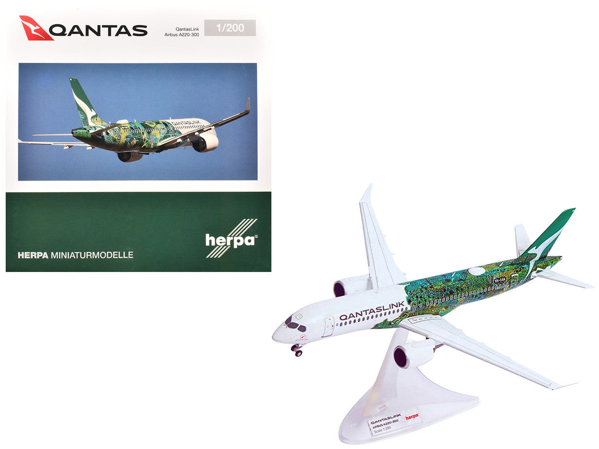 Airbus A220-300 Commercial Aircraft "QantasLink Flying Art Series - Minyma Kutjara Tjukurpa" (VH-X4A) White with Green Graphics 1/200 Diecast Model by Herpa