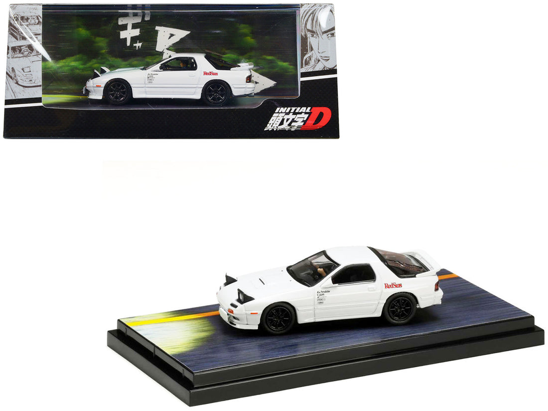 Mazda RX-7 (FC3S) RHD (Right Hand Drive) White "RedSuns" with Ryosuke Takahashi Driver Figure "Initial D" (1995-2013) Manga 1/64 Diecast Model Car by Hobby Japan-0