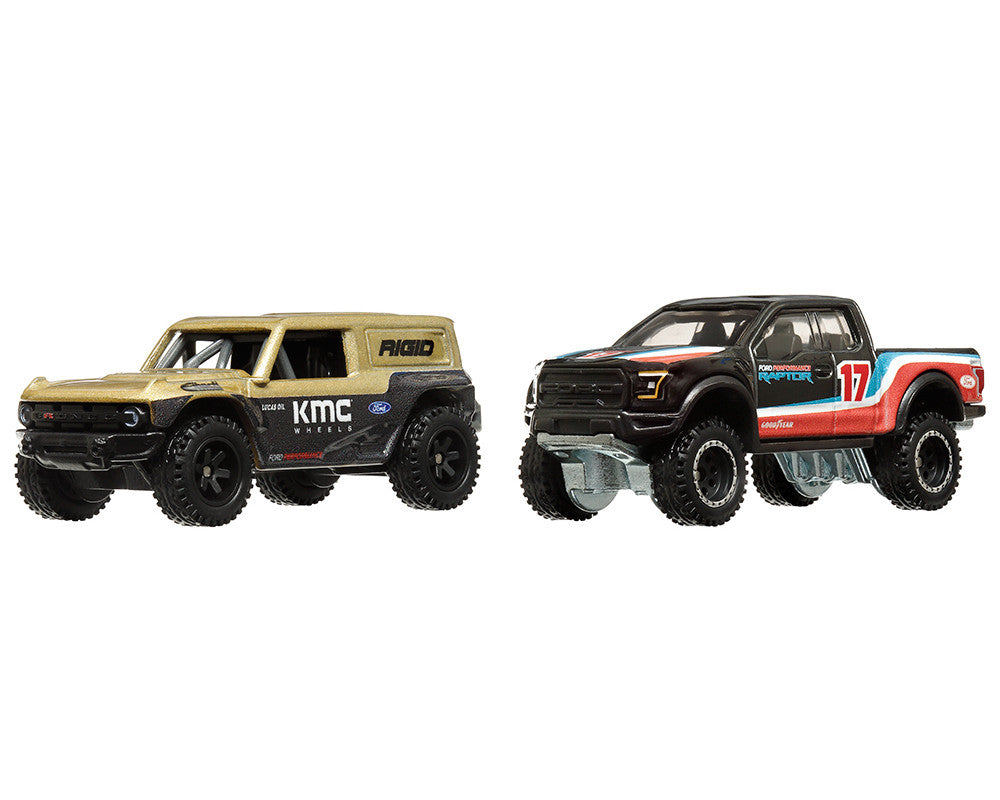 Ford Bronco R Gold Metallic and Black and 2017 Ford F-150 Raptor Pickup Truck #17 Black with Stripes "Car Culture" Set of 2 Cars Diecast Model Cars by Hot Wheels-0
