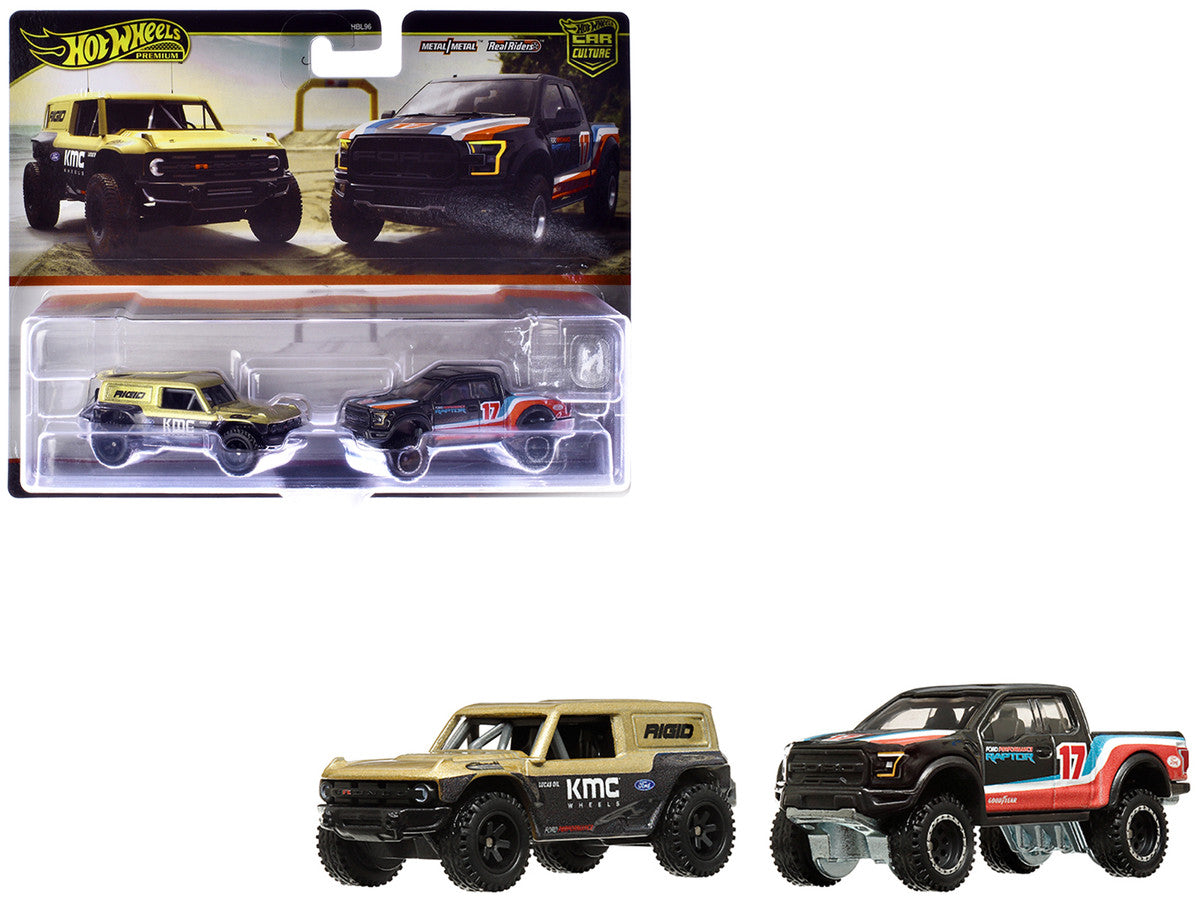 Ford Bronco R Gold Metallic and Black and 2017 Ford F-150 Raptor Pickup Truck #17 Black with Stripes "Car Culture" Set of 2 Cars Diecast Model Cars by Hot Wheels-2