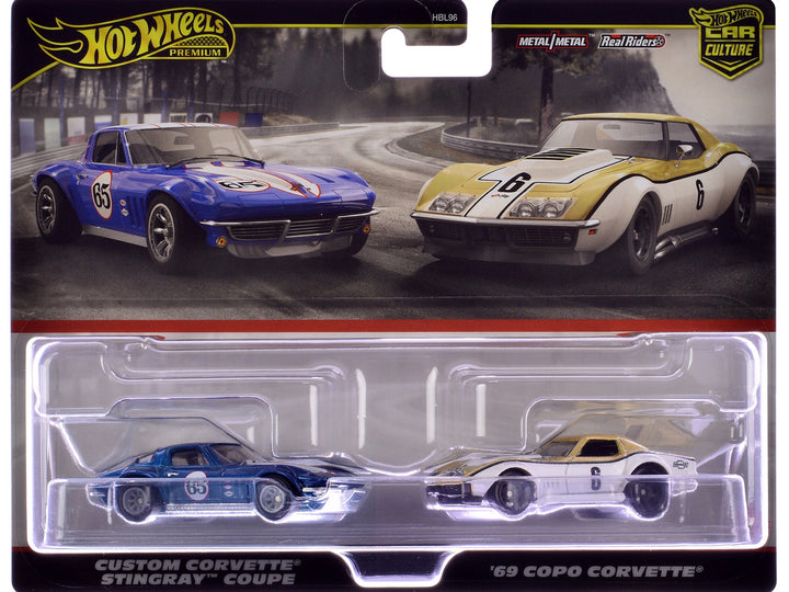 Chevrolet Custom Corvette Stingray Coupe #65 Blue Metallic with White Stripes and 1969 Chevrolet COPO Corvette #6 Gold Metallic and White "Car Culture" Set of 2 Cars Diecast Model Cars by Hot Wheels-0