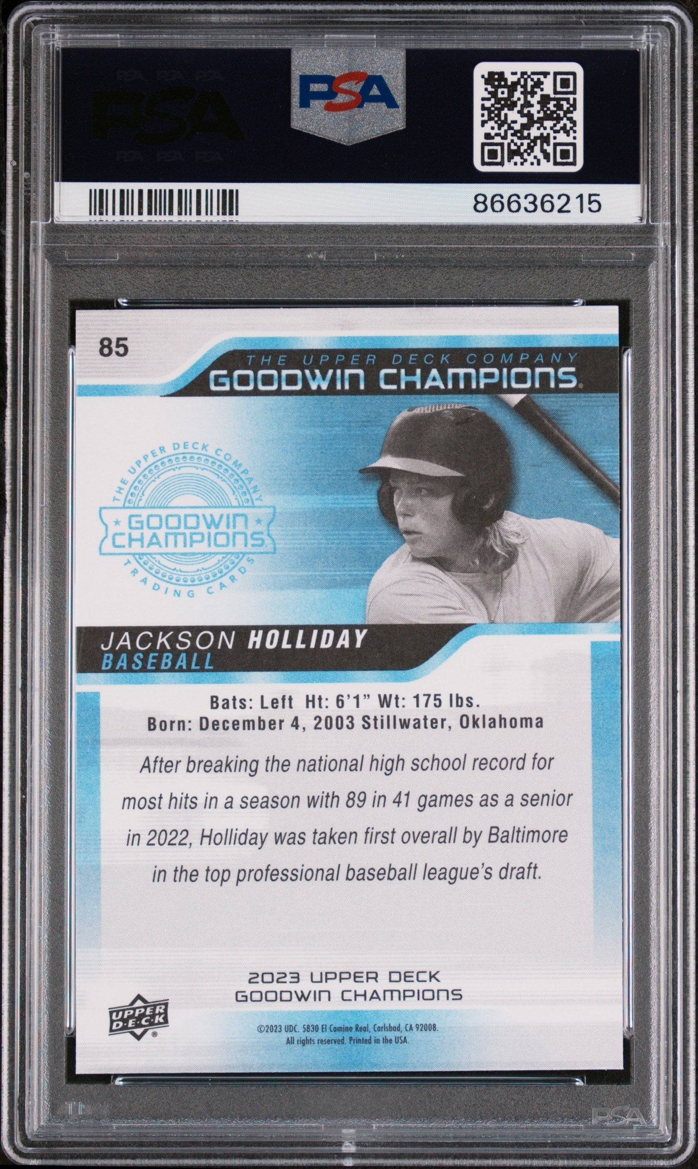 2023 UPPER DECK GOODWIN CHAMPIONS JACKSON HOLLIDAY  #85 - PSA 10 2