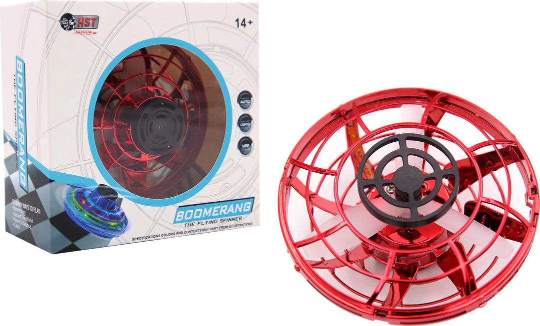 Boomerang Flying Spinner Toy by HST TSM-F002 packaging view with red option.