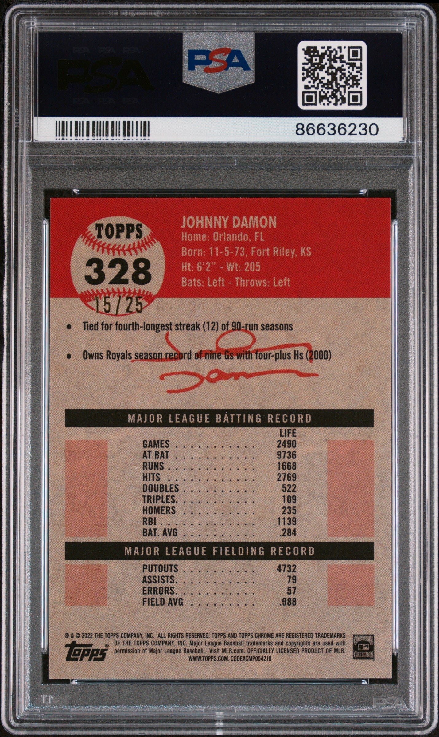 2022 TOPPS CHROME PLATINUM JOHNNY DAMON ORANGE REFRACTOR #328 - PSA 10 2