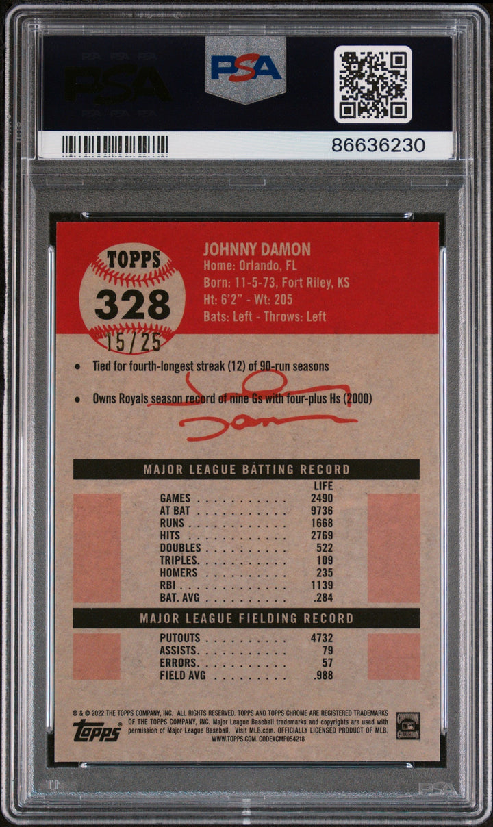 2022 TOPPS CHROME PLATINUM JOHNNY DAMON ORANGE REFRACTOR #328 - PSA 10 2