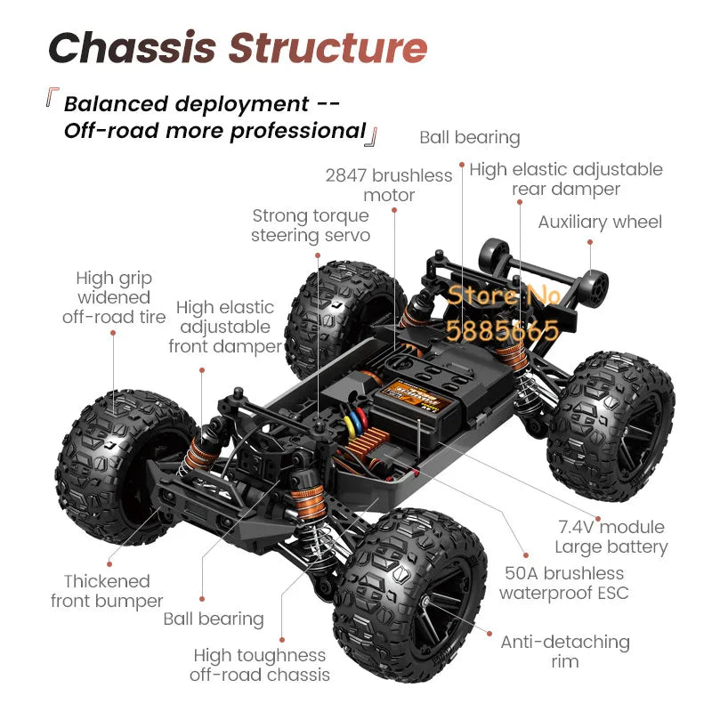 High-Speed 1:14 Brushless RC Off-Road Car with LED Lights & Waterproof Design-4
