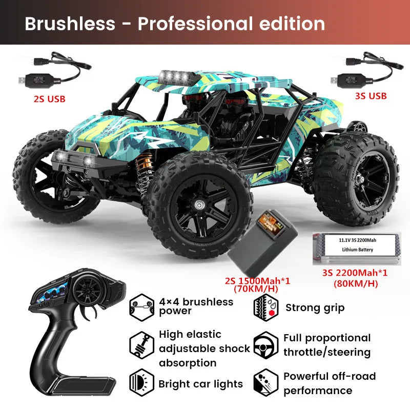 High-Speed 1:14 Brushless RC Off-Road Car with LED Lights & Waterproof Design-9