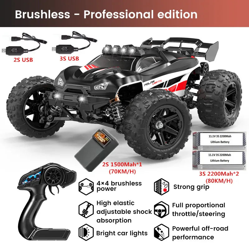 High-Speed 1:14 Brushless RC Off-Road Car with LED Lights & Waterproof Design-5
