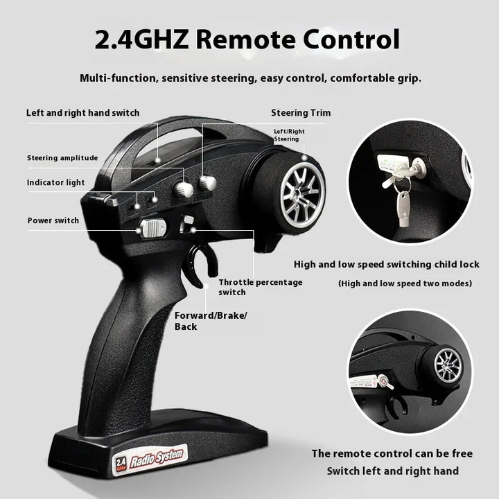 Brushless RC truck showing 2.4GHz remote control system