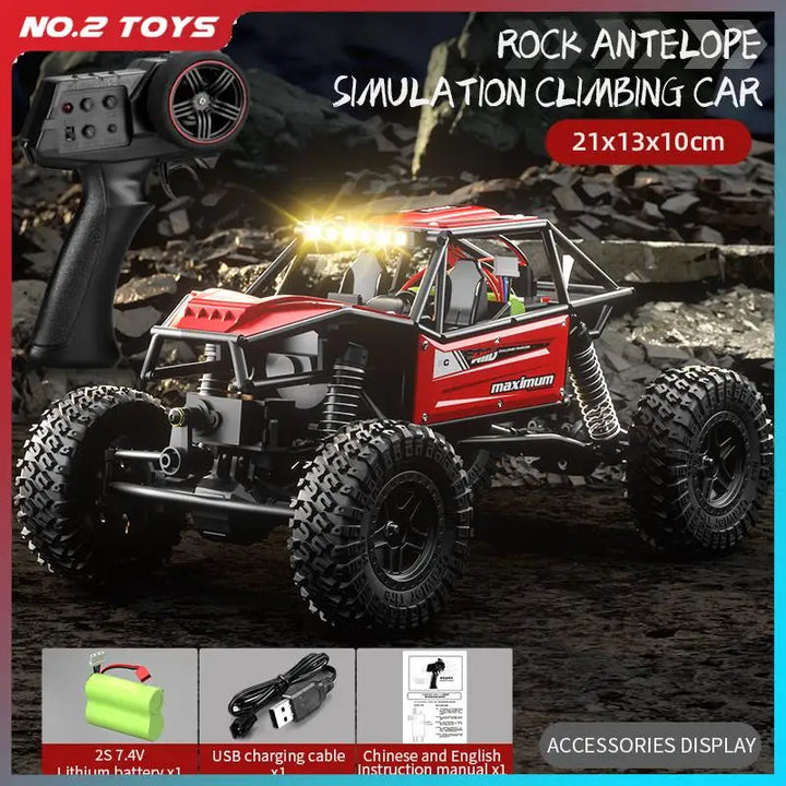 1:18 scale 4WD RC rock crawler with LED headlights and rugged off-road suspension