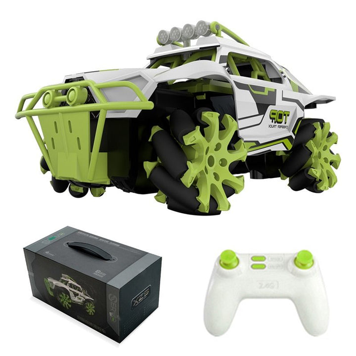 High-speed 360-degree RC stunt drift sports car with green futuristic body