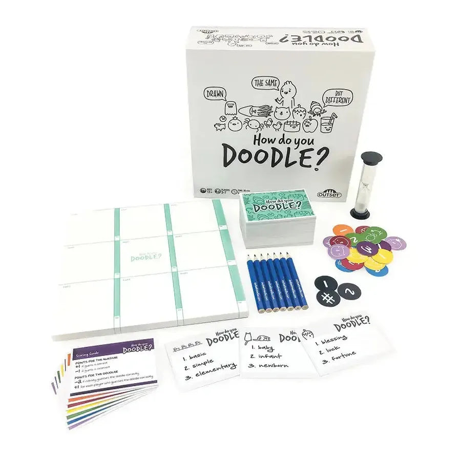 How Do You Doodle fast-paced drawing party game by Outset for 3 to 7 players ages 12 and up - what is included