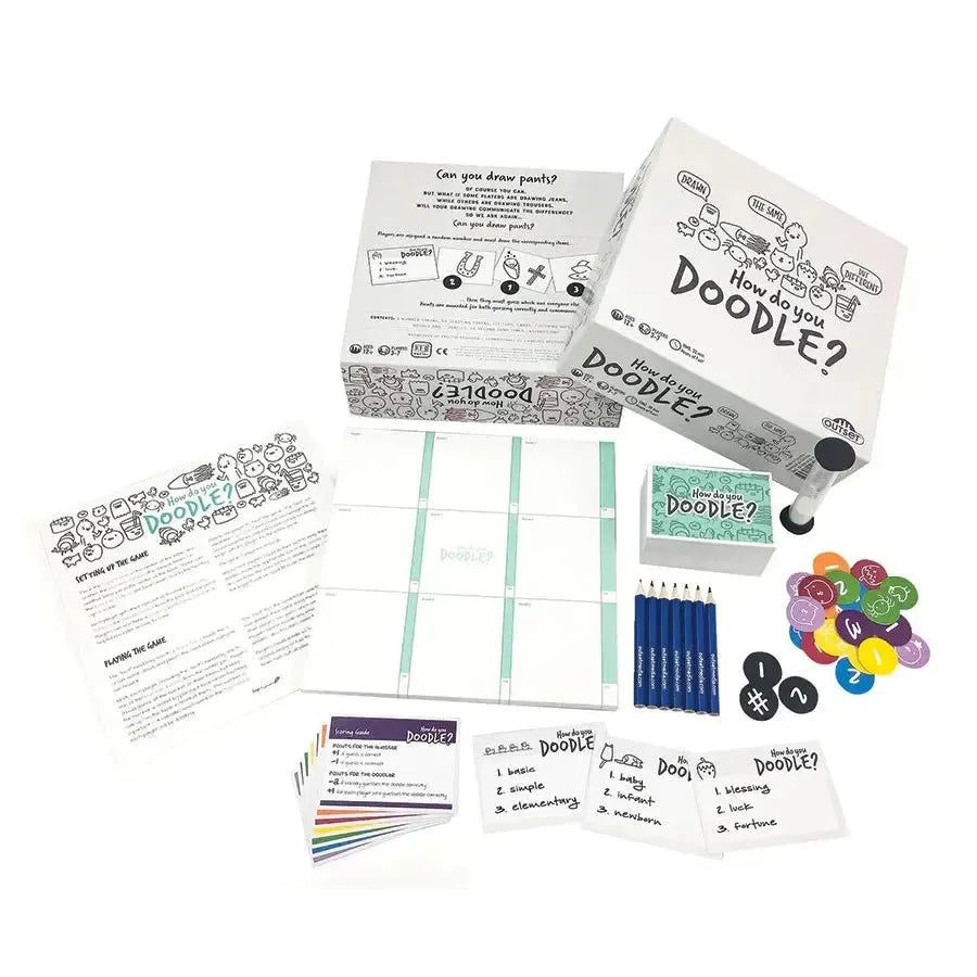 How Do You Doodle fast-paced drawing party game by Outset for 3 to 7 players ages 12 and up - image of what is included