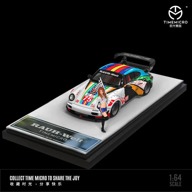 Porsche RWB 964 Centennial Le Mans Livery with Figure 1:64 Diecast By TimeMicro Display View with Figurine