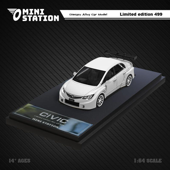 Honda Civic FD2 White Widebody 1:64 by Mini Station Mounted Front View