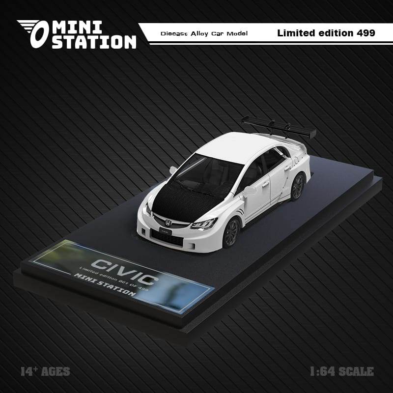 Honda Civic FD2 White Widebody 1:64 by Mini Station Drivers Angled View