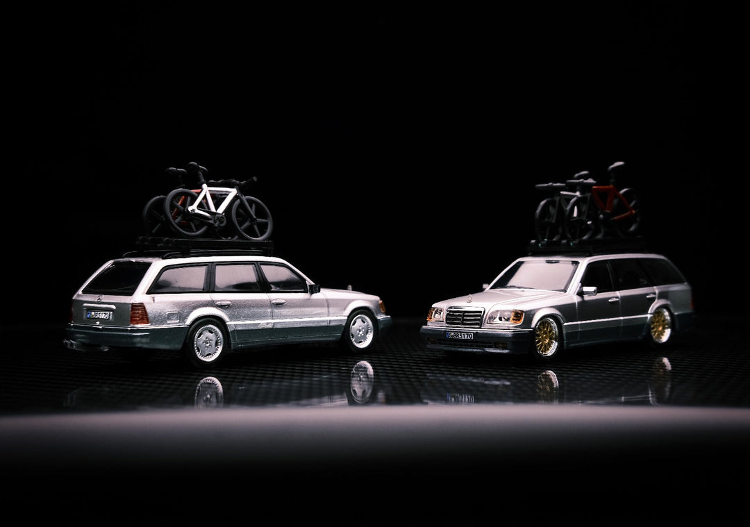 Mercedes-Benz Wagon Version S124 SILVER / BLUE 1:64 by Mortal Front and Rear View