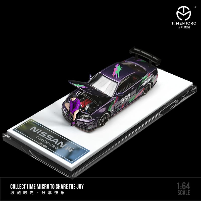 Nissan Skyline GTR-R34 White / Black / Purple HKS Livery 1:64 by TimeMicro Black Open Hood