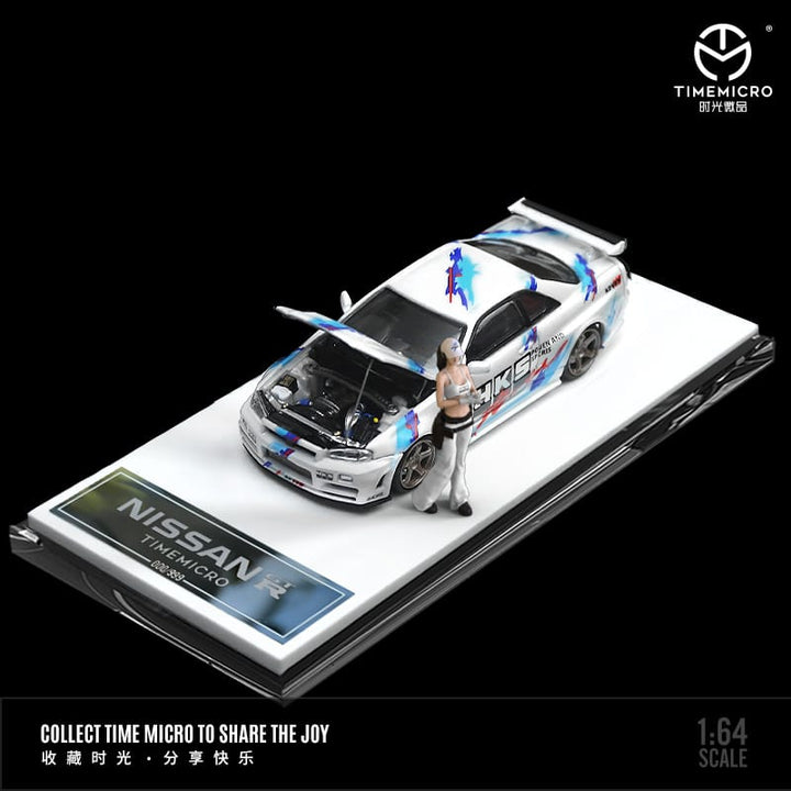 Nissan Skyline GTR-R34 White / Black / Purple HKS Livery 1:64 by TimeMicro White Open Hood