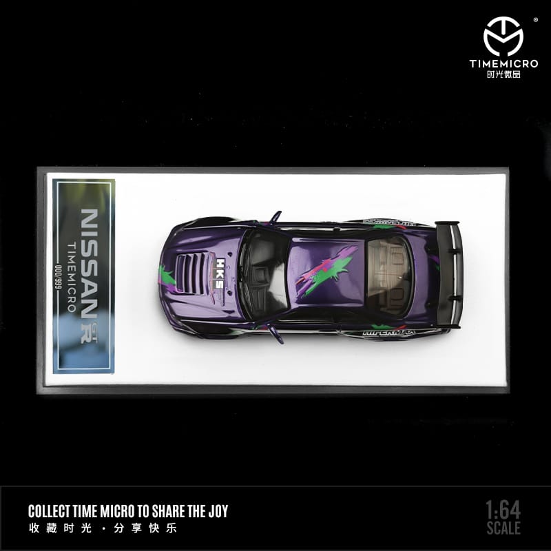 Nissan Skyline GTR-R34 White / Black / Purple HKS Livery 1:64 by TimeMicro Black Top