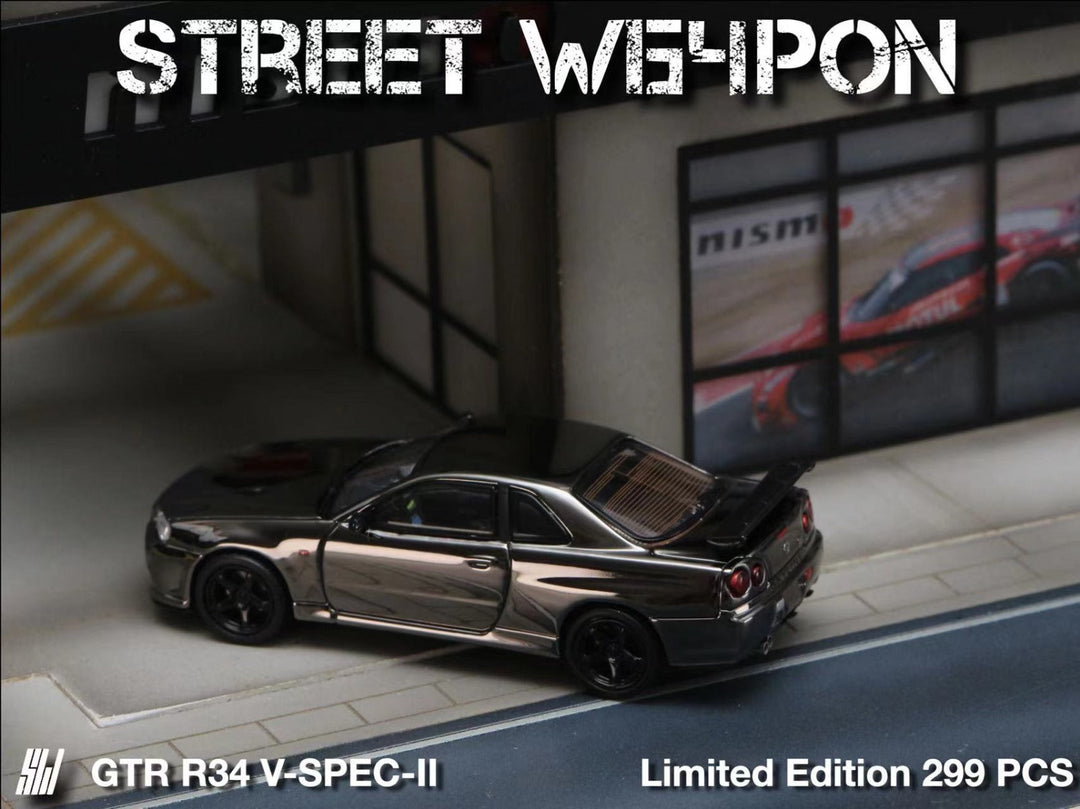 Nissan Skyline GTR R34 V-SPEC-II Chrome Plated Limited to 599 Pcs 1:64 by Street Weapon Scene Driver Side View