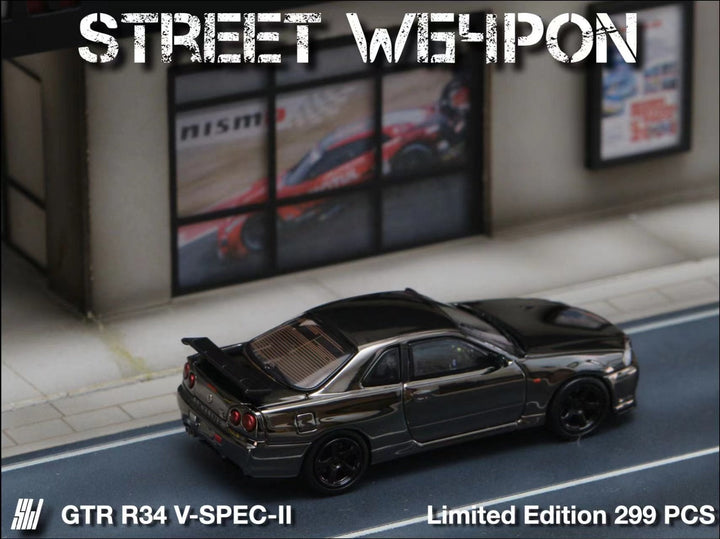 Nissan Skyline GTR R34 V-SPEC-II Chrome Plated Limited to 599 Pcs 1:64 by Street Weapon Scene Street View