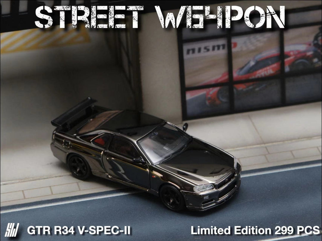 Nissan Skyline GTR R34 V-SPEC-II Chrome Plated Limited to 599 Pcs 1:64 by Street Weapon Scene