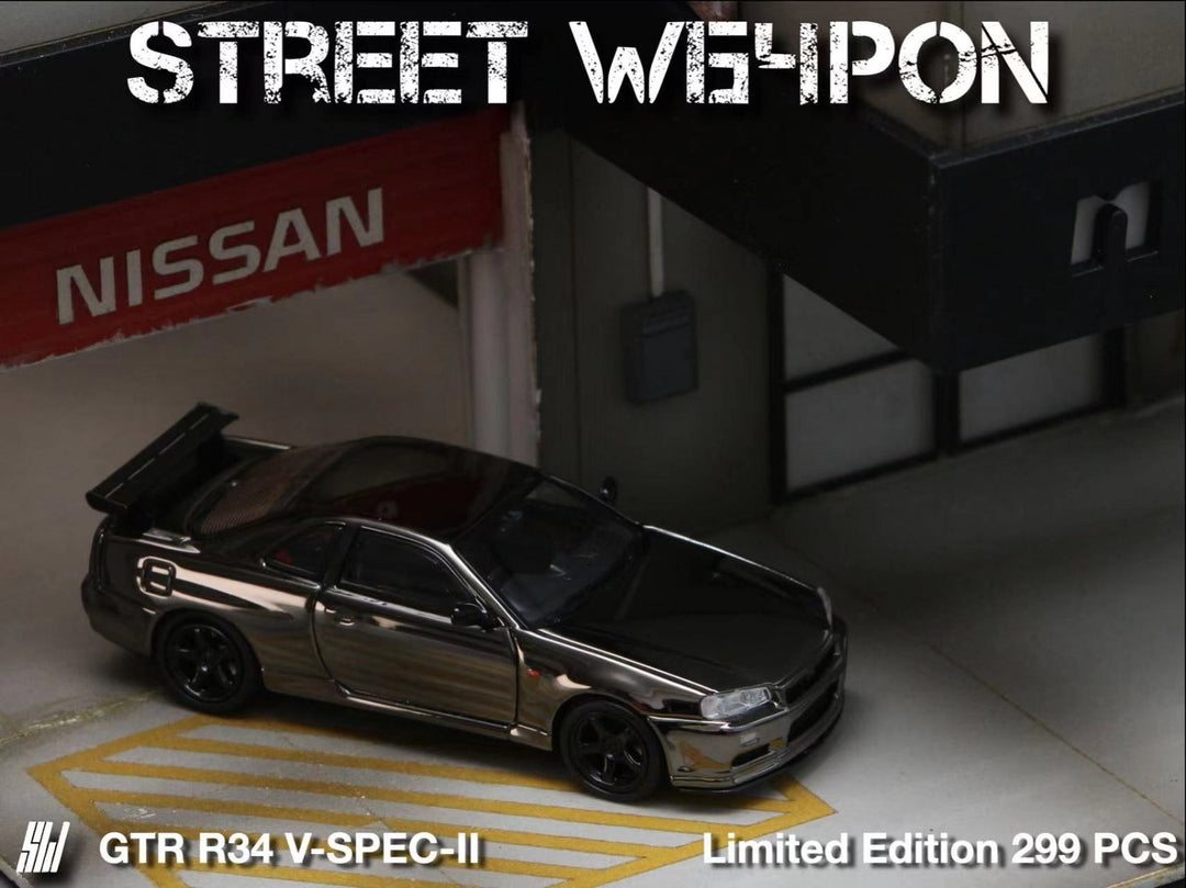 Nissan Skyline GTR R34 V-SPEC-II Chrome Plated Limited to 599 Pcs 1:64 by Street Weapon Scene Side View