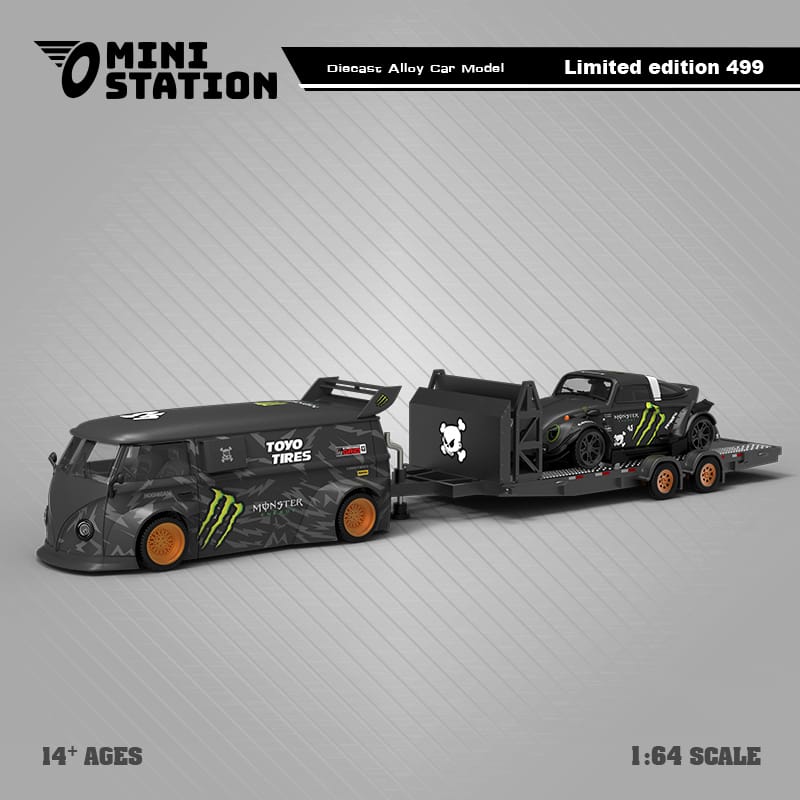 VW RWB T1 Van & VW BEETLE TARGA With Trailer in Monster Livery 1:64 by Mini Station Front View